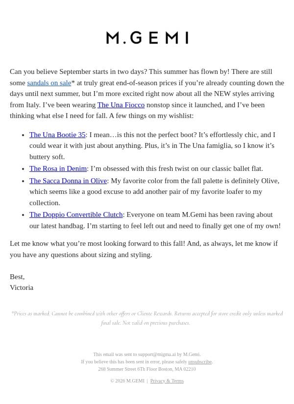 My Fall Wishlist email from M.Gemi screenshot
