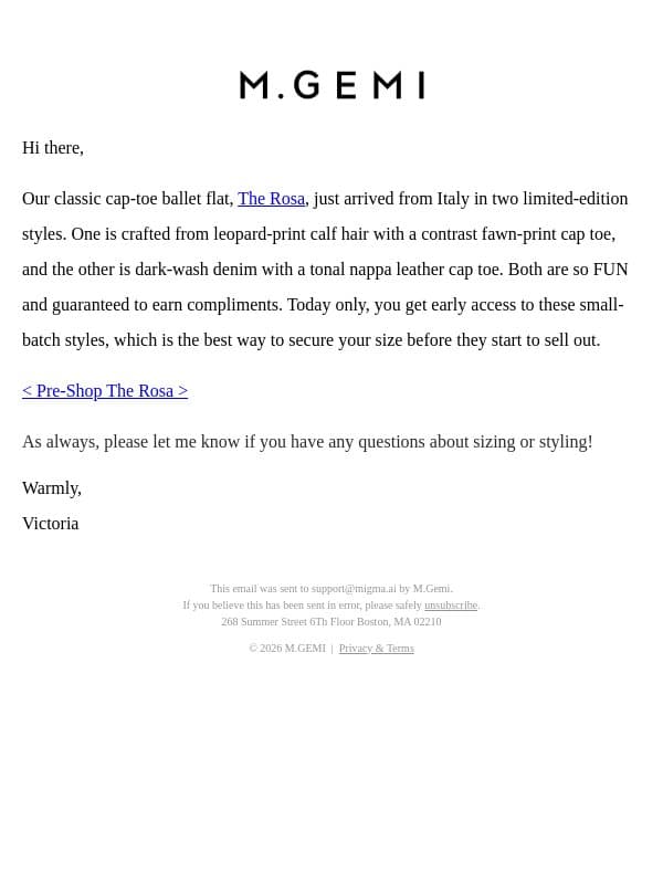 Pre-Shop The Rosa In Calf Hair & Denim email from M.Gemi screenshot