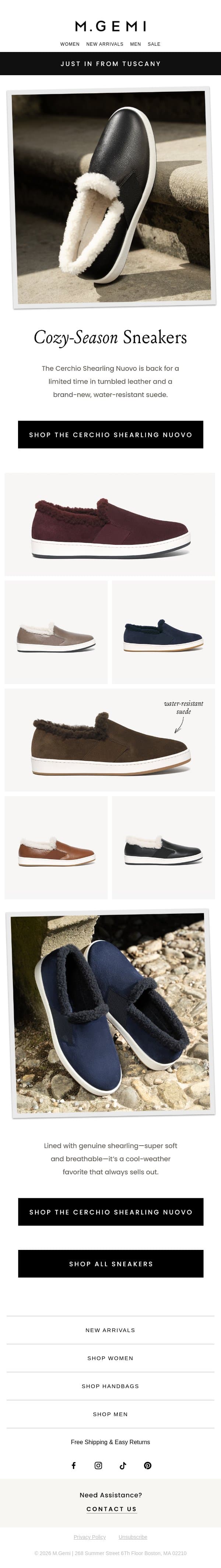 Our Shearling-Lined Sneaker Is Here! email from M.Gemi screenshot