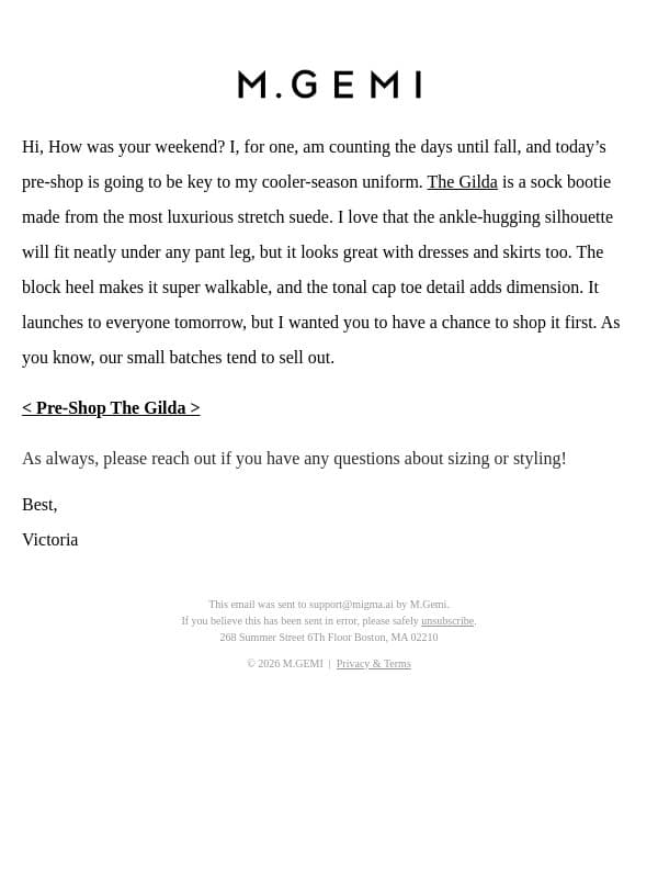 Pre-Shop Our New Sock Bootie email from M.Gemi screenshot
