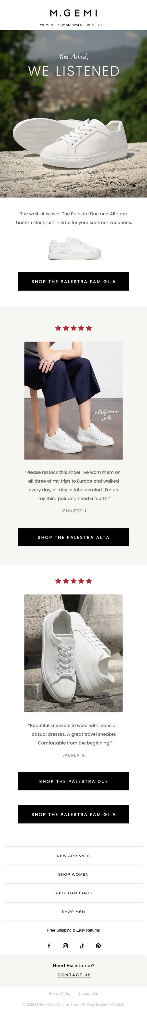 BACK IN STOCK SNEAKERS email from M.Gemi screenshot