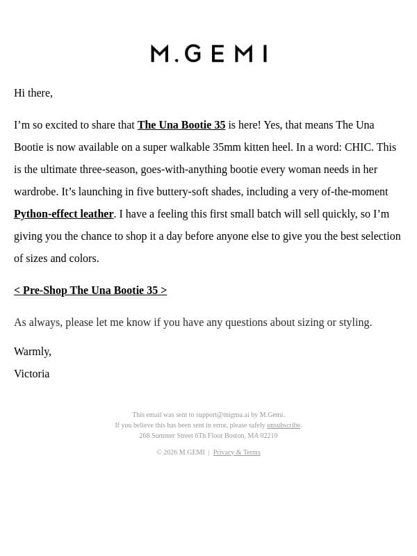 Pre-Shop The Una Bootie 35 email from M.Gemi screenshot
