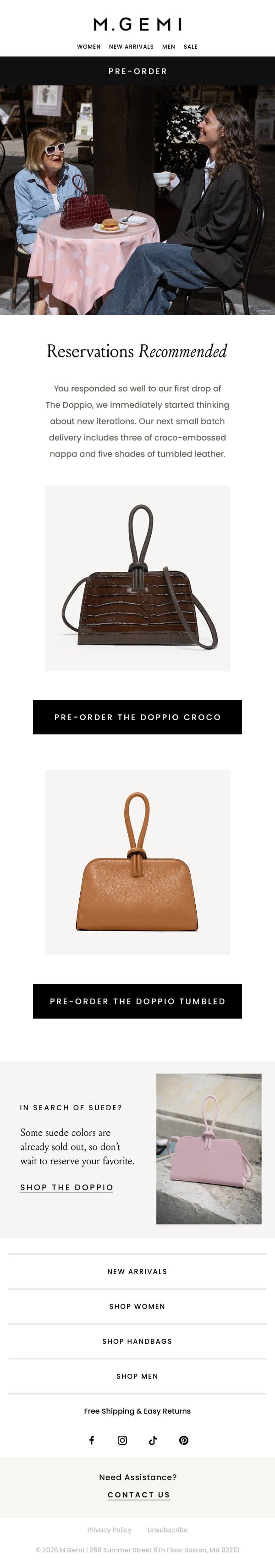 Pre-Order The Doppio In New Leathers email from M.Gemi screenshot