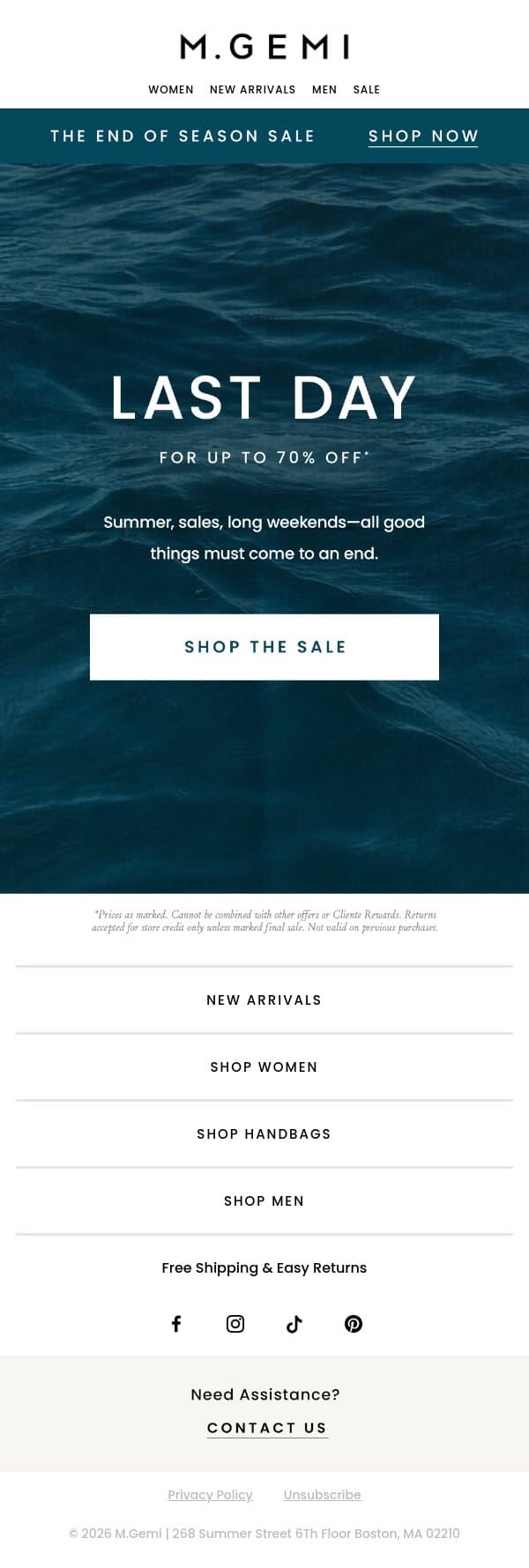 Ends Tonight! Up To 70% Off email from M.Gemi screenshot