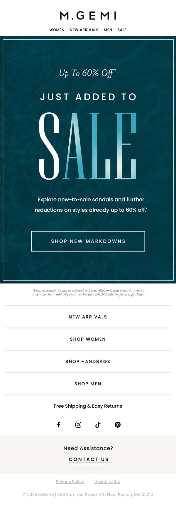 NEW TO SALE | Up To 60% Off email from M.Gemi screenshot