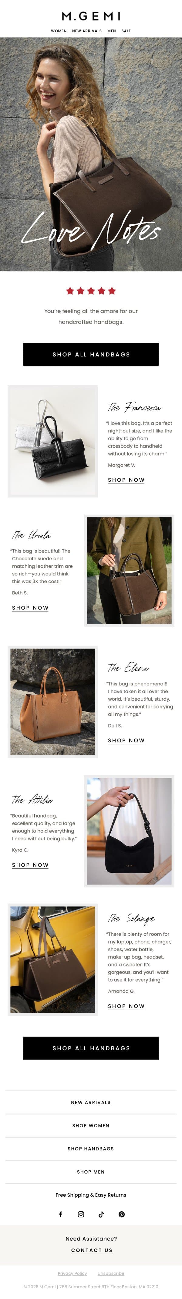 Compliment-Earning Handbags email from M.Gemi screenshot