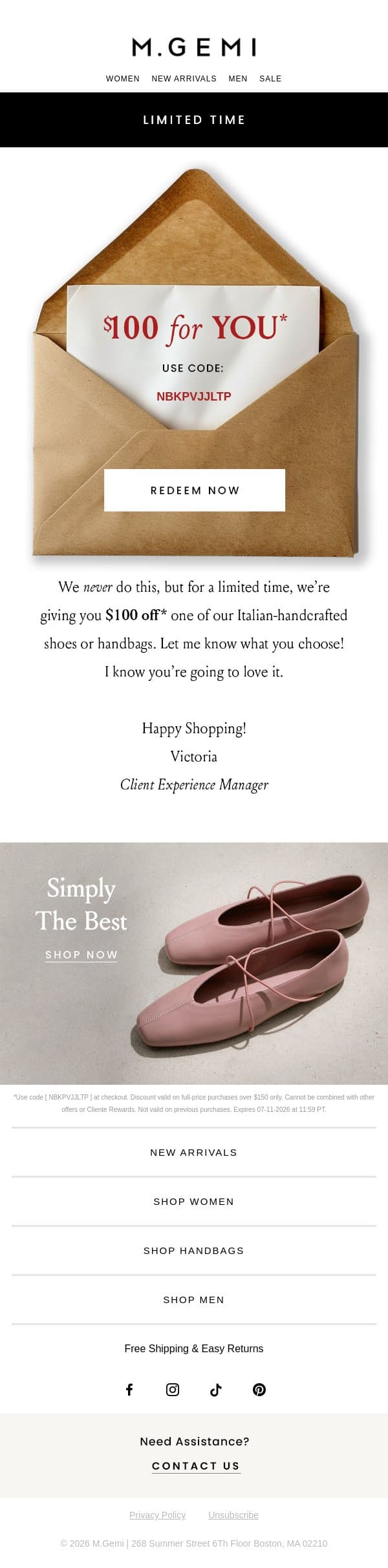 $100 Just For You! email from M.Gemi screenshot