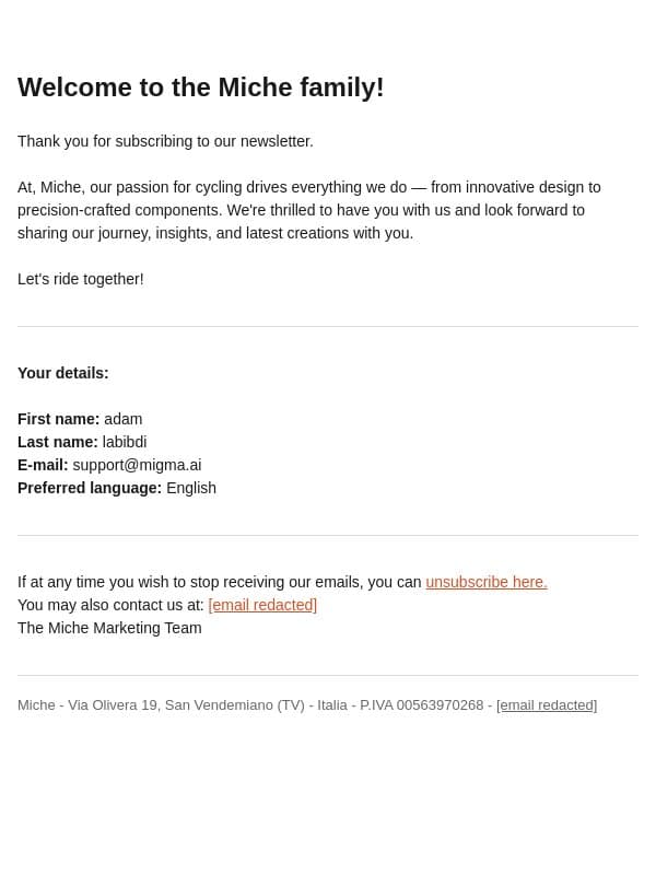 Welcome to Miche! email from Miche screenshot