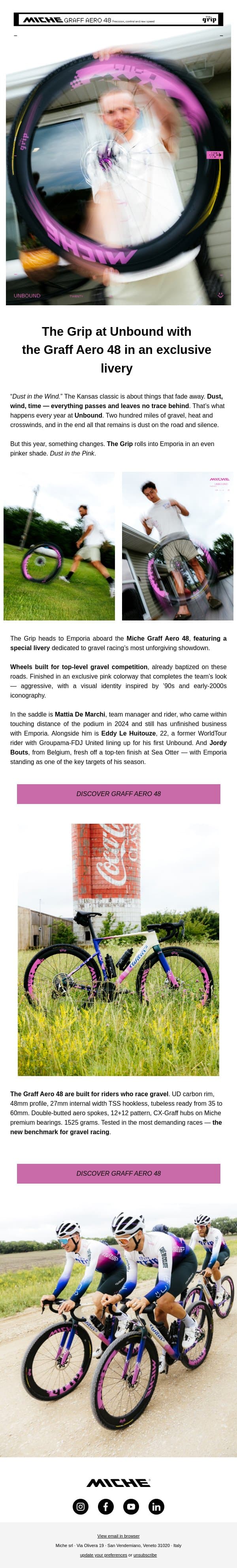 Dust and pink — The Grip at Unbound with the Miche Graff Aero 48 email from Miche screenshot
