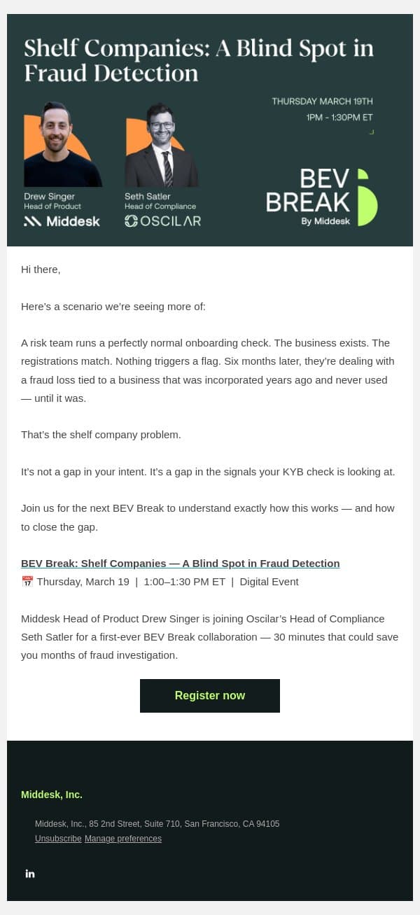 [Webinar] Your customer passed KYB. It shouldn’t have. email from Middesk screenshot
