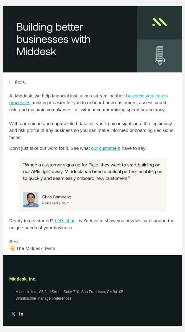 How Middesk streamlines onboarding decisions for hundreds of companies email from Middesk screenshot