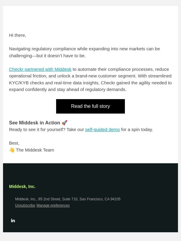 How Checkr saved a month of engineering and implementation time ⏲️ email from Middesk screenshot