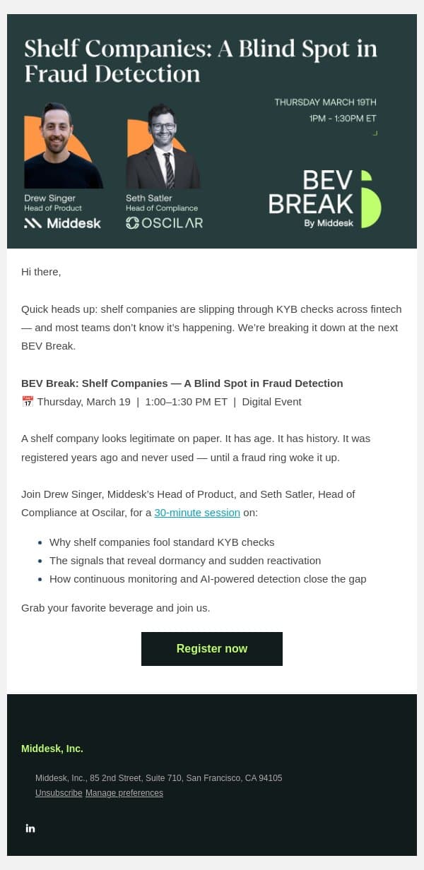 [Webinar] Your fraud detection has a blind spot. Let's close it. email from Middesk screenshot