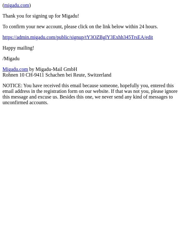 Confirm your Migadu registration email from Migadu screenshot