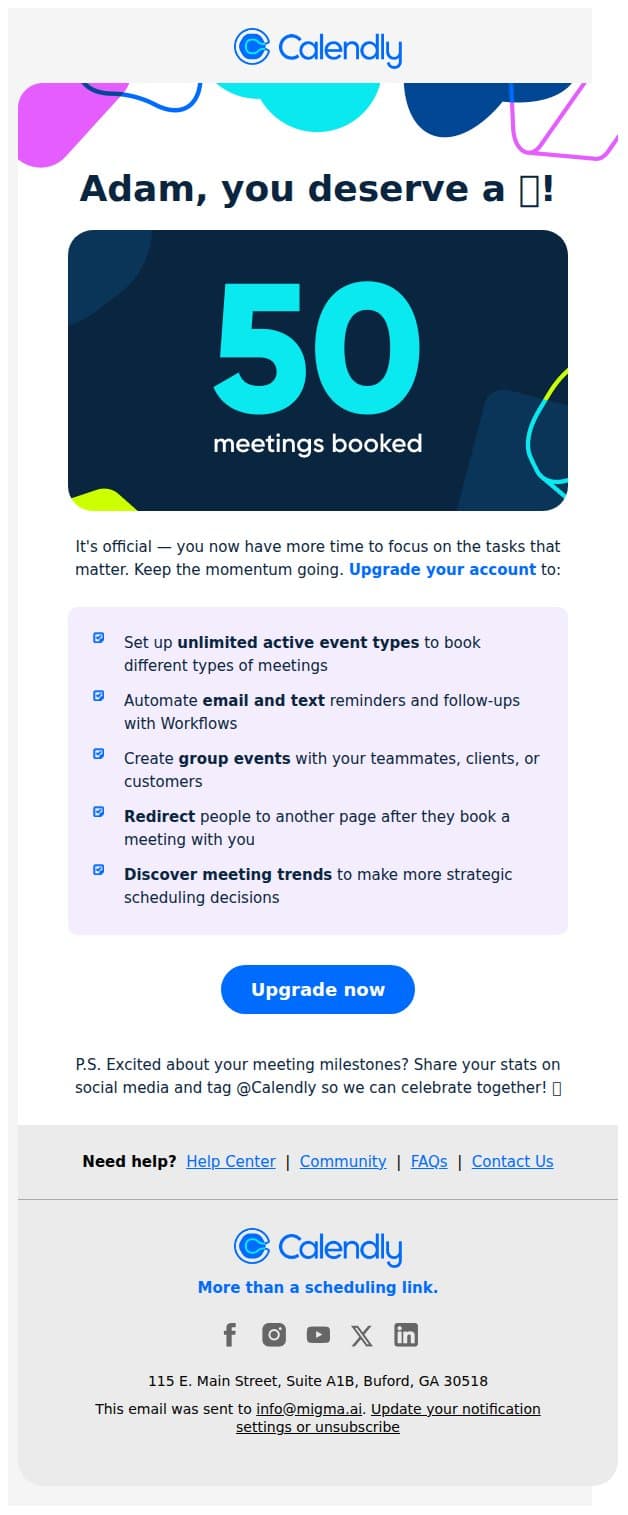 Congrats on booking your 50th meeting with Calendly 🎉 email from Migma screenshot