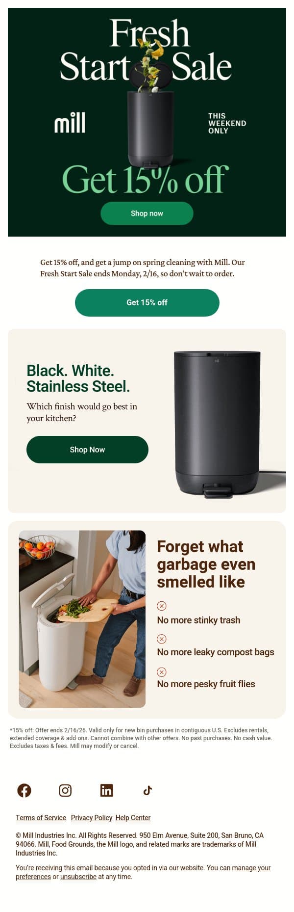 15% off — it’s go time email from Mill screenshot