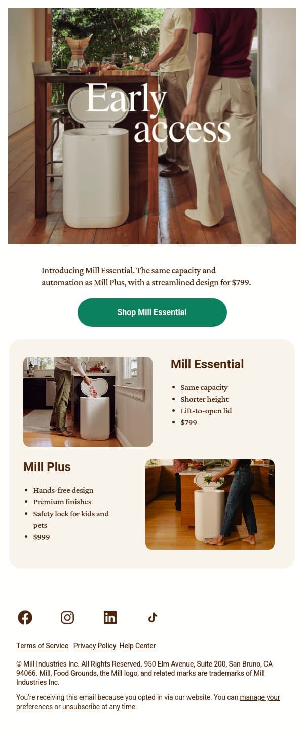 Early access to the new Mill email from Mill screenshot