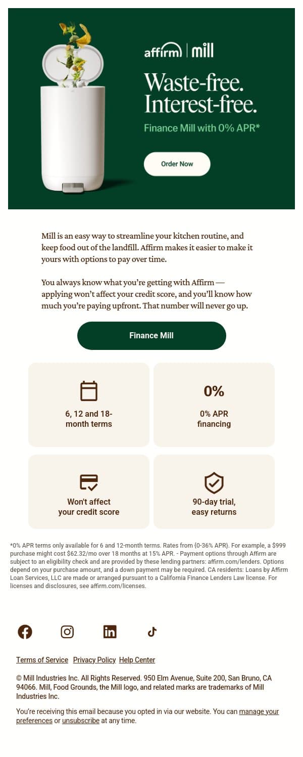 Mill now, pay later with Affirm email from Mill screenshot