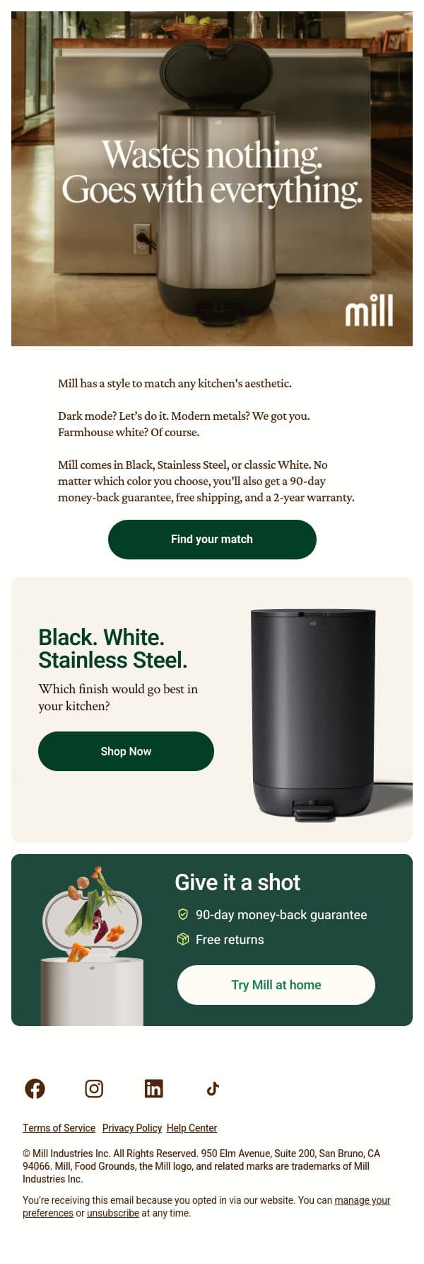 Match your Mill to your kitchen email from Mill screenshot