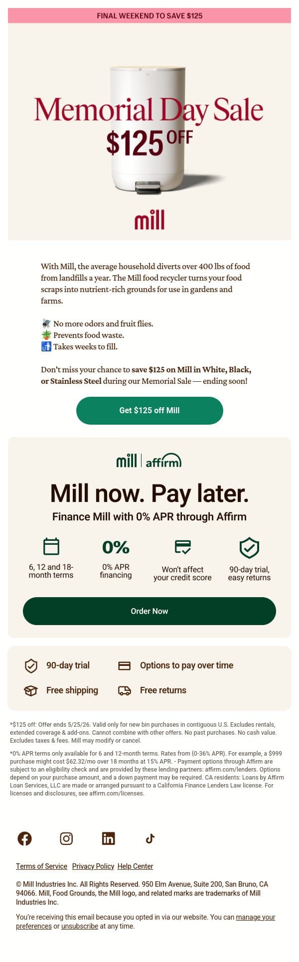 Final weekend to save $125 on Mill ‼️ email from Mill screenshot