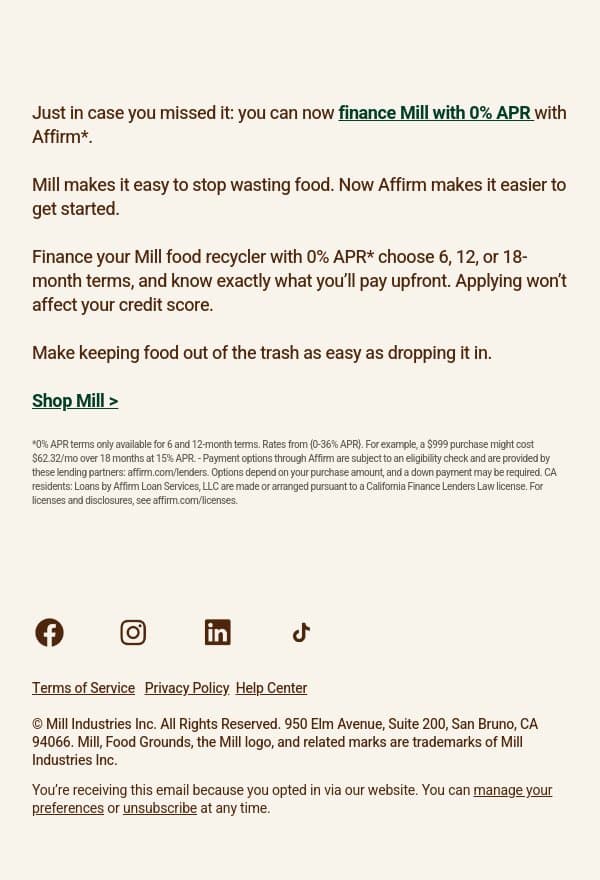 ICYMI: Waste-free. Interest-free. email from Mill screenshot