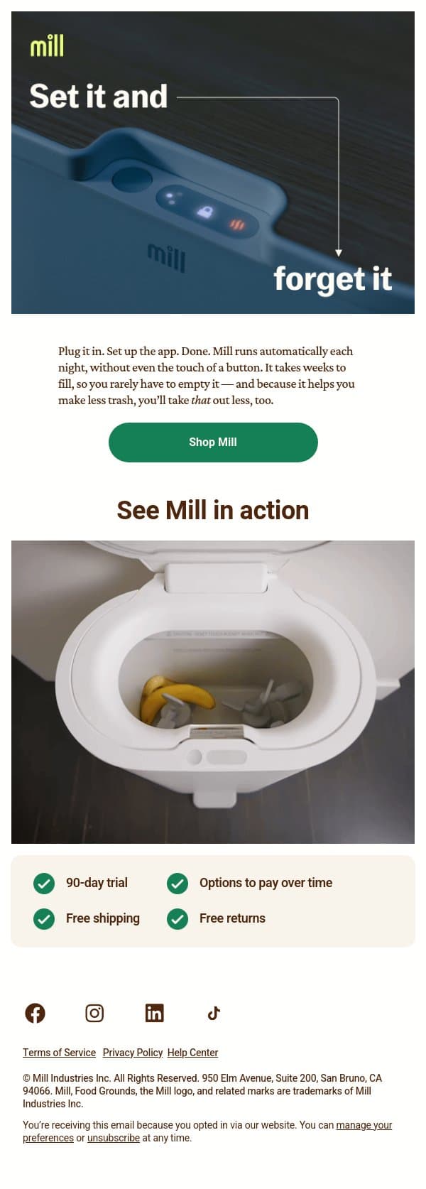 Put your kitchen on autopilot email from Mill screenshot
