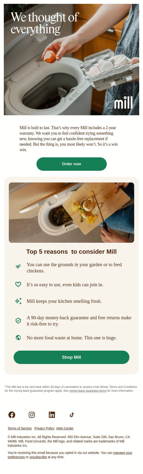 Designed to last. Backed by us. email from Mill screenshot