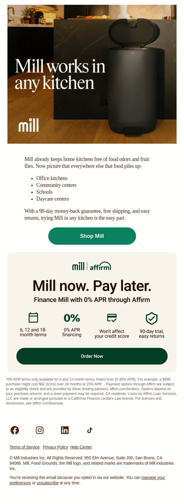 Made for more than just home kitchens email from Mill screenshot