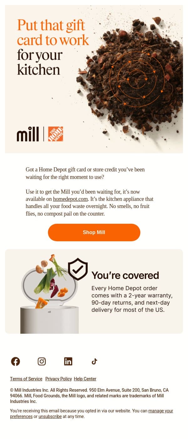 Got Home Depot credits? email from Mill screenshot