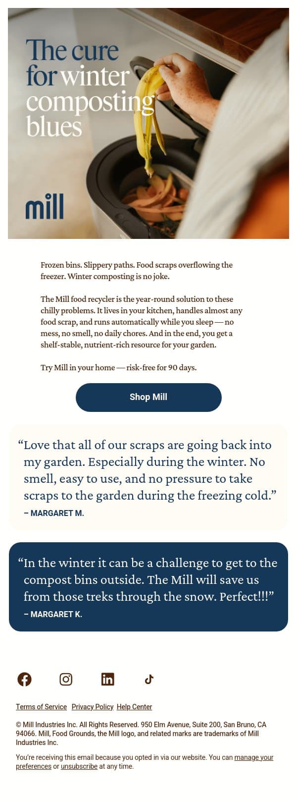 Winter composting? There’s a better way. email from Mill screenshot