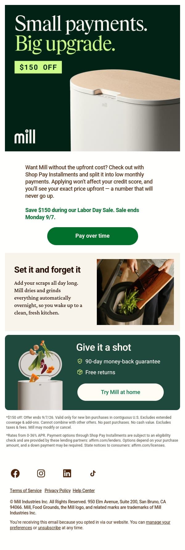 $150 off: Mill now, pay later email from Mill screenshot
