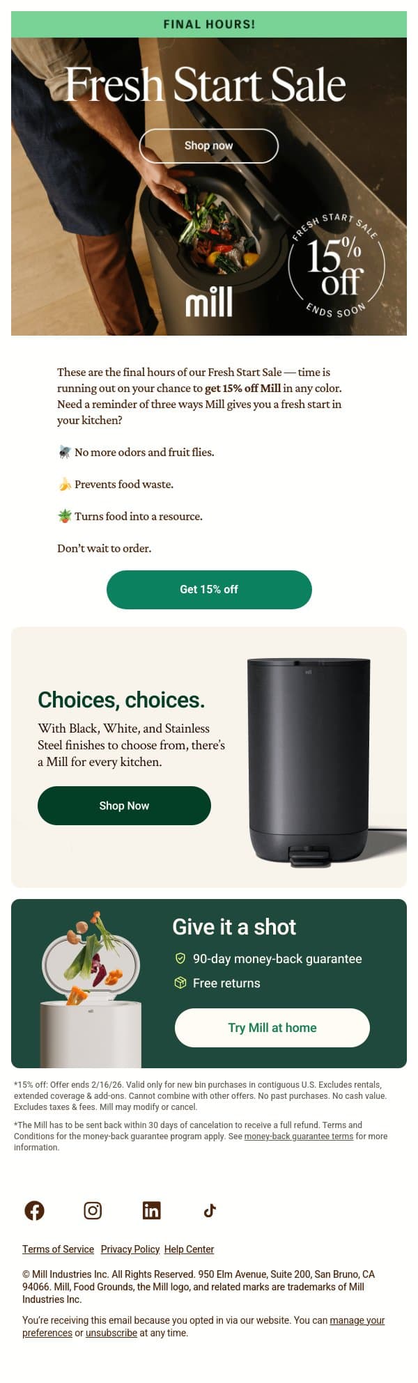 Final hours to save 15% 🚨 email from Mill screenshot
