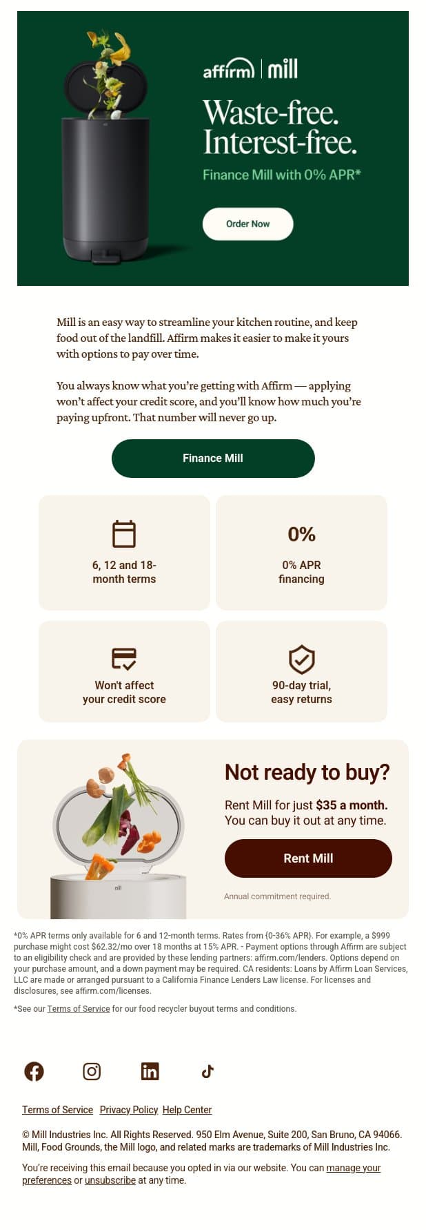 Mill now. Pay over time. email from Mill screenshot