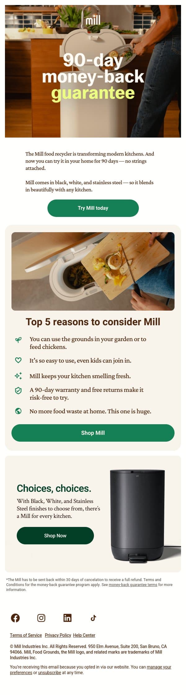 Try Mill risk-free for 90 days email from Mill screenshot