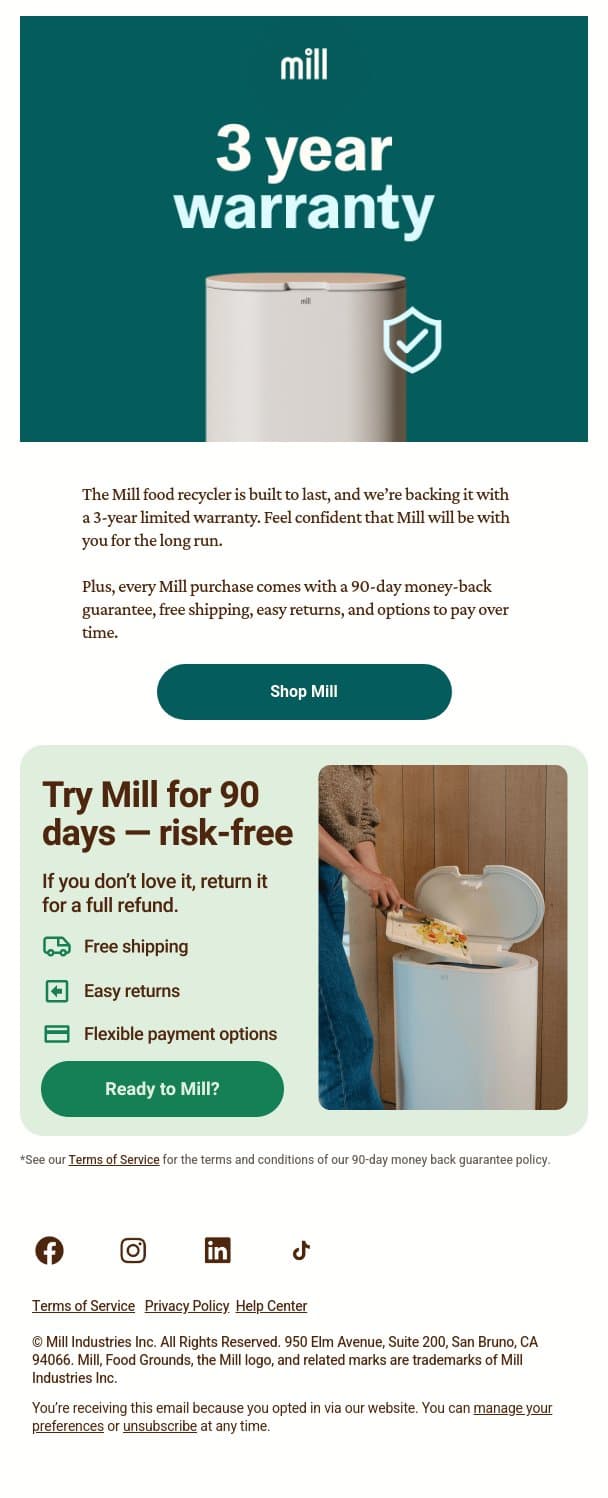 Built to last. Built for peace of mind. email from Mill screenshot