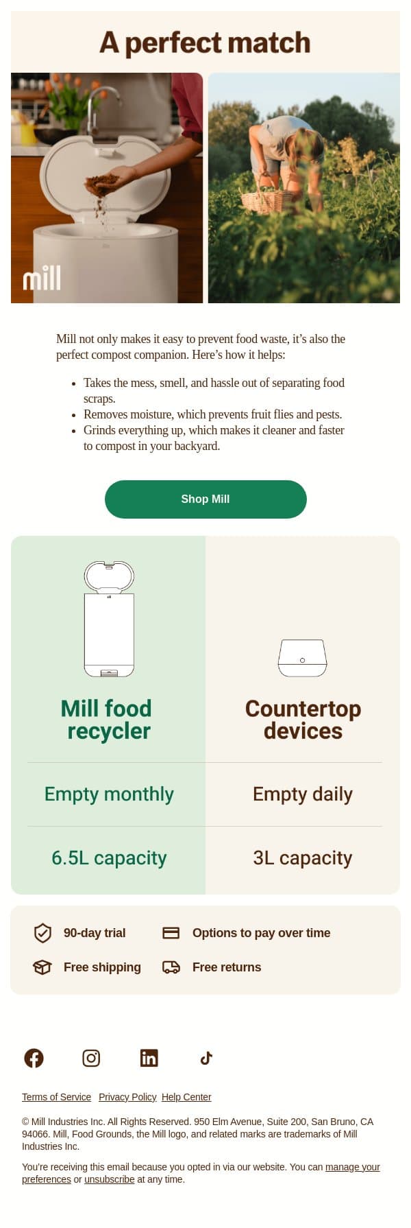 The perfect compost companion email from Mill screenshot
