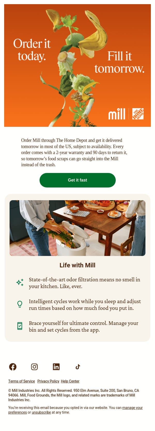 Get your Mill before tomorrow’s dinner email from Mill screenshot