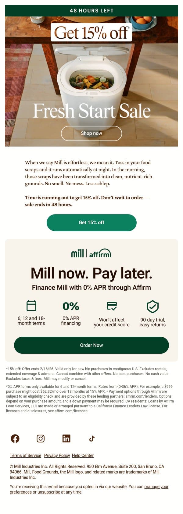 48 hours left in our sale ⏳ email from Mill screenshot