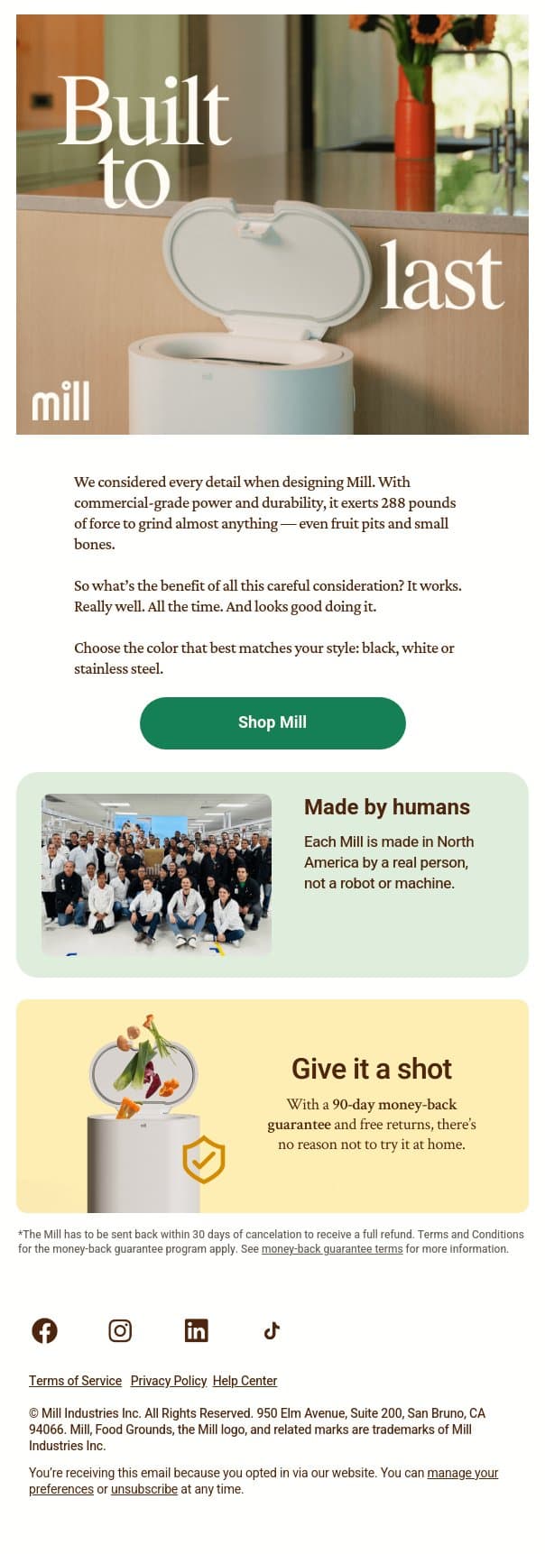 Hand built in North America email from Mill screenshot
