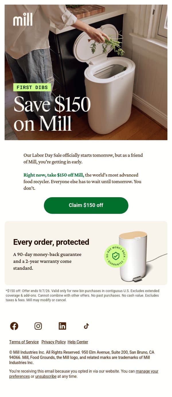 📢 You're in early: $150 off Mill email from Mill screenshot