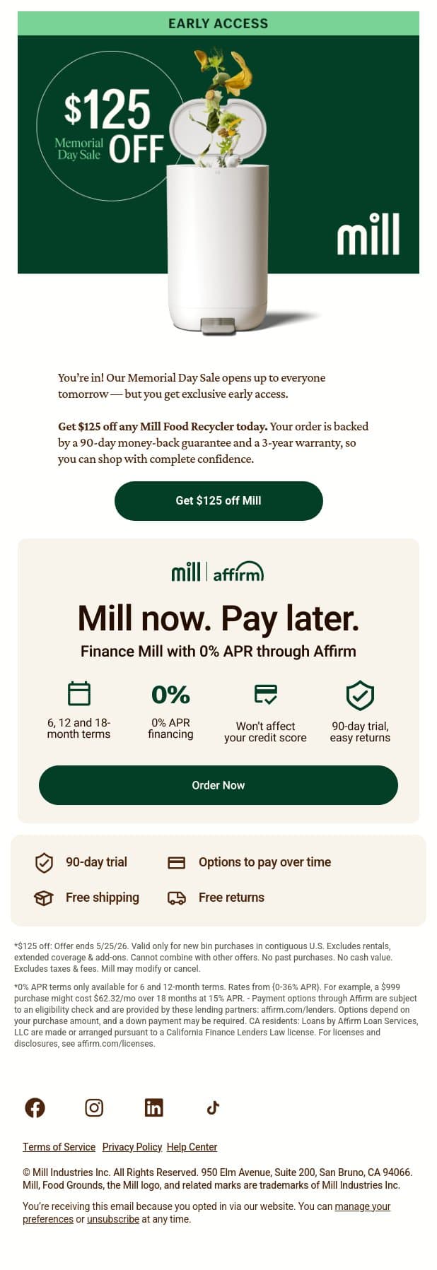 Early access: save $125 on Mill email from Mill screenshot