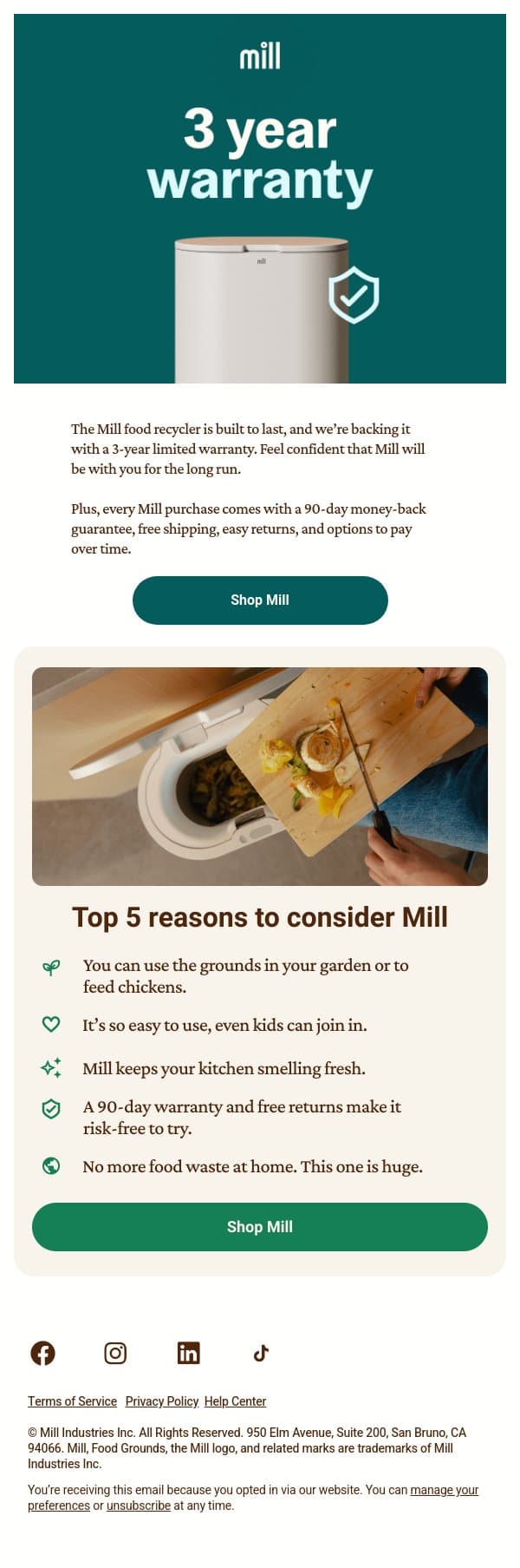 Built for peace of mind. email from Mill screenshot