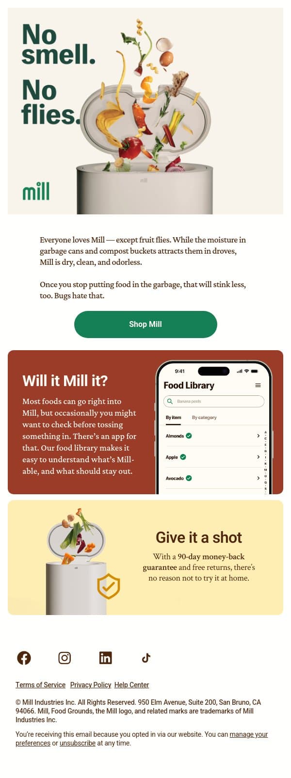 Banish fruit flies once and for all email from Mill screenshot