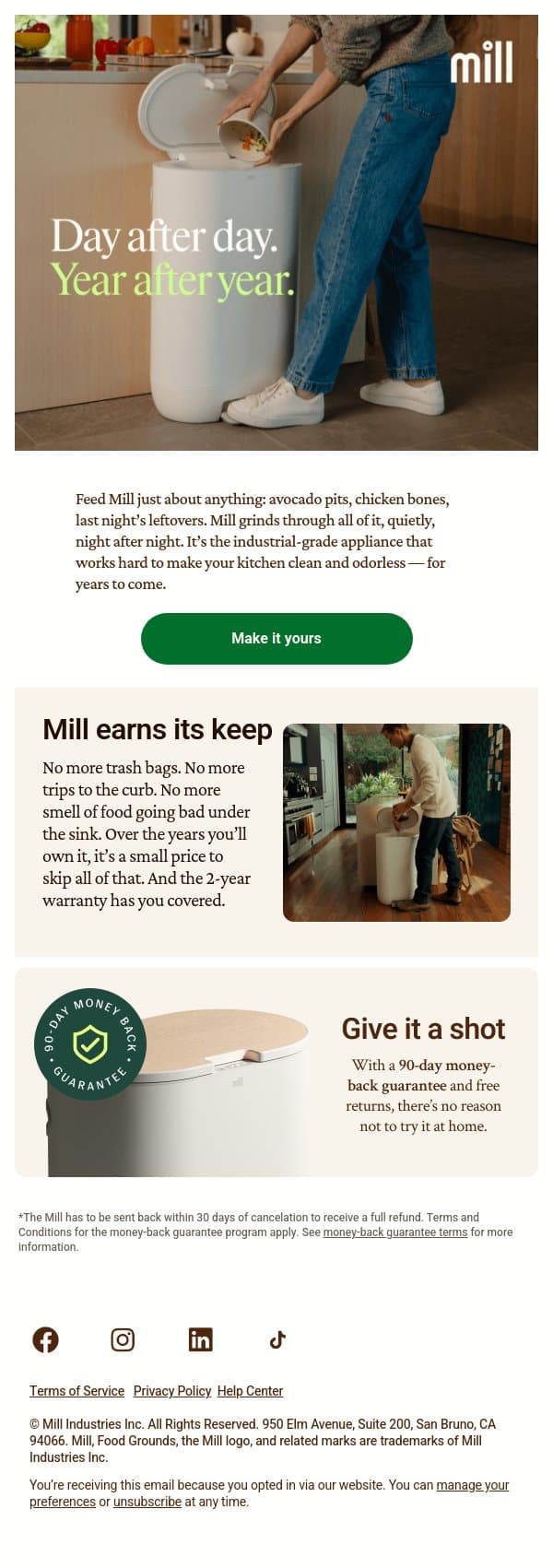 Buy it once, love it for years email from Mill screenshot