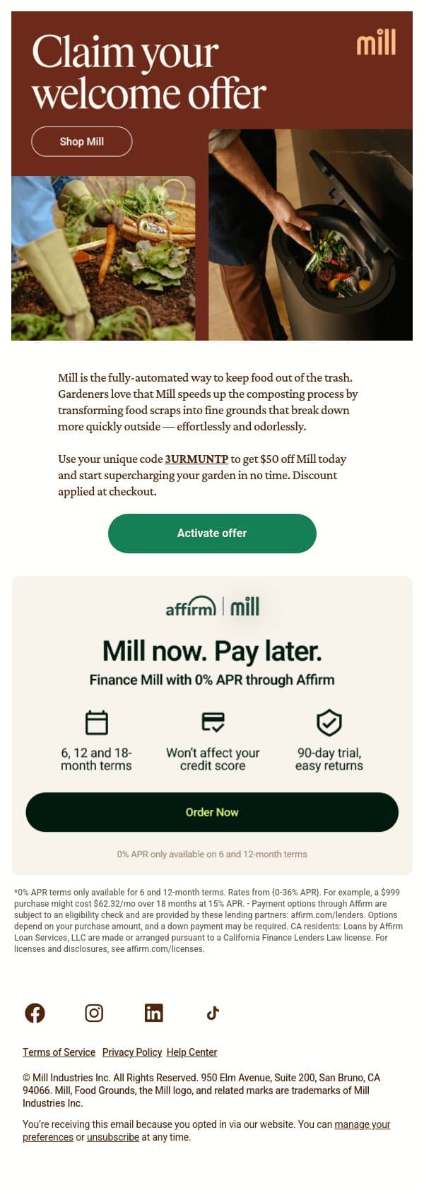Welcome to Mill — here’s $50 off email from Mill screenshot