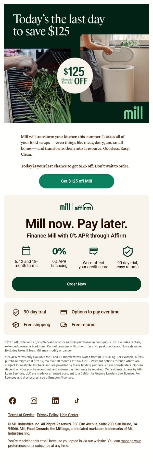Final day: Save $125 on Mill ⏱️ email from Mill screenshot