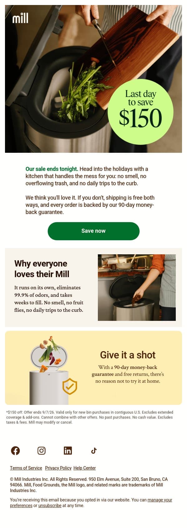 Final day: $150 off Mill ⏳ email from Mill screenshot