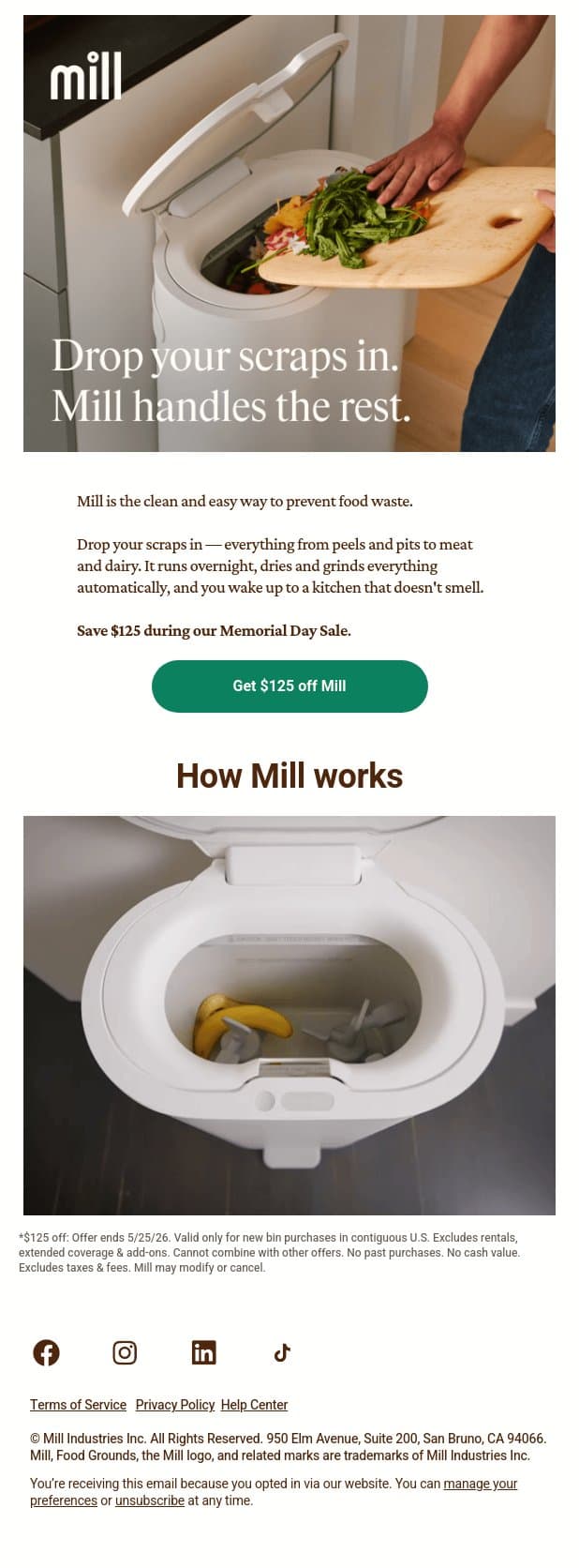 Set it and forget it — save $125 on Mill email from Mill screenshot
