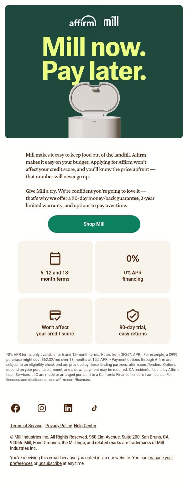 Mill now, pay over time. email from Mill screenshot