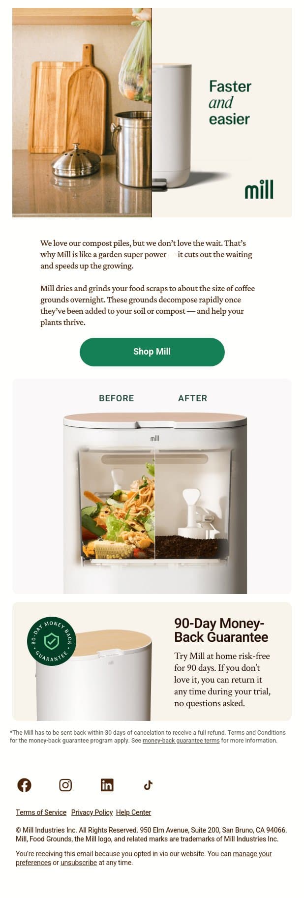 Love the compost, hate the wait? email from Mill screenshot